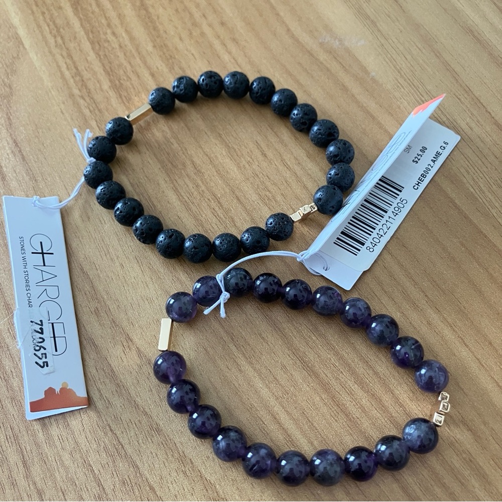 NWT Lava Stone and Amethyst Charged Crystal Beaded Bracelet Set